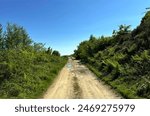 Hutch Bank Road winds through verdant greenery beneath a clear blue sky. Small puddles dot the uneven road, hinting at recent rainfall in Haslingden, UK.