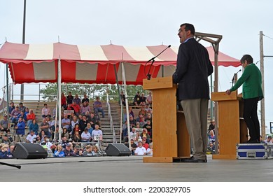 HUTCHINSON, KANSAS, USA - SEPTEMBER 10. 2022
Kansas Attorney General Derek Schmidt On Stage During The Gubernatorial Debate With Kansas Governor Laura Kelly 