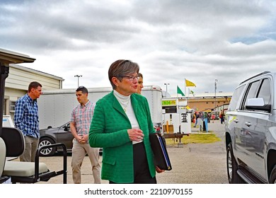 HUTCHINSON, KANSAS, USA - SEPTEMBER 10. 2022
Kansas Governor Laura Kelly Talks To Reporters After The Gubernatorial Debate With Her Opponent Current Kansas Attorney General Derek Schmidt  