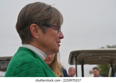 HUTCHINSON, KANSAS, USA - SEPTEMBER 10. 2022
Kansas Governor Laura Kelly Talks To Reporters After The Gubernatorial Debate With Her Opponent Current Kansas Attorney General Derek Schmidt  