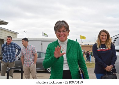 HUTCHINSON, KANSAS, USA - SEPTEMBER 10. 2022
Kansas Governor Laura Kelly Talks To Reporters After The Gubernatorial Debate With Her Opponent Current Kansas Attorney General Derek Schmidt  