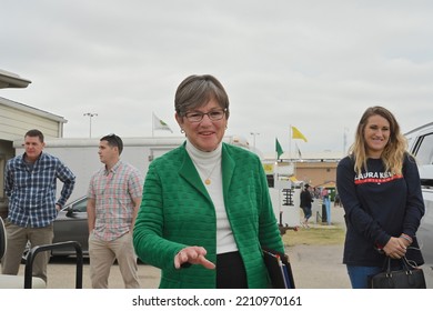 HUTCHINSON, KANSAS, USA - SEPTEMBER 10. 2022
Kansas Governor Laura Kelly Talks To Reporters After The Gubernatorial Debate With Her Opponent Current Kansas Attorney General Derek Schmidt  