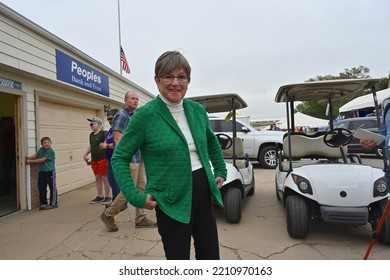 HUTCHINSON, KANSAS, USA - SEPTEMBER 10. 2022
Kansas Governor Laura Kelly Talks To Reporters After The Gubernatorial Debate With Her Opponent Current Kansas Attorney General Derek Schmidt  