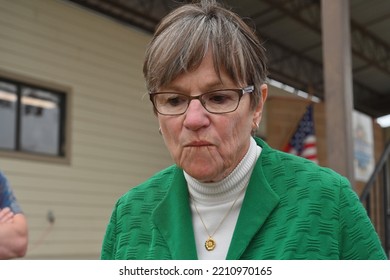 HUTCHINSON, KANSAS, USA - SEPTEMBER 10. 2022
Kansas Governor Laura Kelly Talks To Reporters After The Gubernatorial Debate With Her Opponent Current Kansas Attorney General Derek Schmidt  