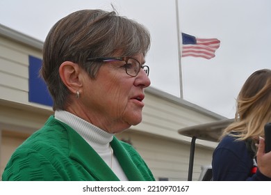 HUTCHINSON, KANSAS, USA - SEPTEMBER 10. 2022
Kansas Governor Laura Kelly Talks To Reporters After The Gubernatorial Debate With Her Opponent Current Kansas Attorney General Derek Schmidt  