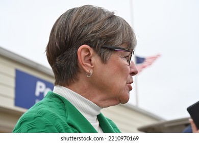 HUTCHINSON, KANSAS, USA - SEPTEMBER 10. 2022
Kansas Governor Laura Kelly Talks To Reporters After The Gubernatorial Debate With Her Opponent Current Kansas Attorney General Derek Schmidt  