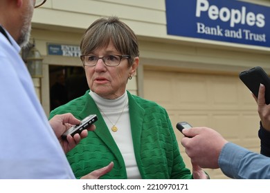 HUTCHINSON, KANSAS, USA - SEPTEMBER 10. 2022
Kansas Governor Laura Kelly Talks To Reporters After The Gubernatorial Debate With Her Opponent Current Kansas Attorney General Derek Schmidt  