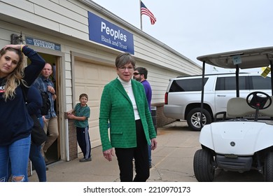 HUTCHINSON, KANSAS, USA - SEPTEMBER 10. 2022
Kansas Governor Laura Kelly Talks To Reporters After The Gubernatorial Debate With Her Opponent Current Kansas Attorney General Derek Schmidt  