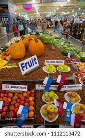 Hutchinson Kansas, USA, September 12, 2015
Table Full Gourds And Vegetables On Display At The Kansas State Fair. 
