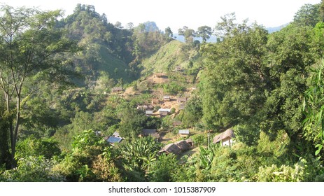 Huts on a mountain with trees
