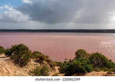 Hutt Lagoon Pink Water On Cloudy Day