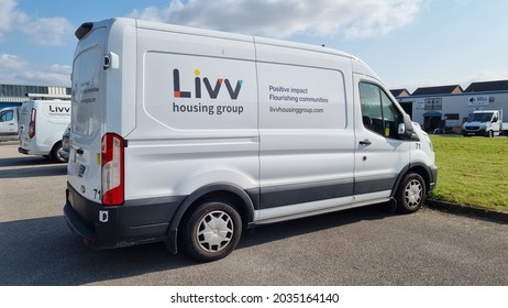 Huyton, Liverpool, UK. 09 02 2021 Ford Transit Light Commercial Vehicle. This Van Is In LIVV Housing Group Livery Showing Its Logos.