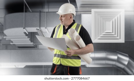 HVAC engineer reviews ventilation plans inside commercial building.