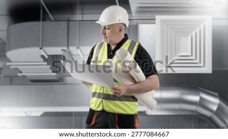 HVAC engineer reviews ventilation plans inside commercial building.
