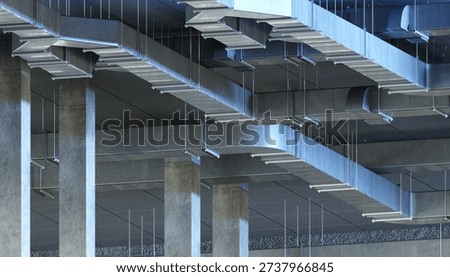 HVAC engineering, Building ventilation. Network of metal air ducts suspended under ceiling for air distribution in commercial or industrial facility