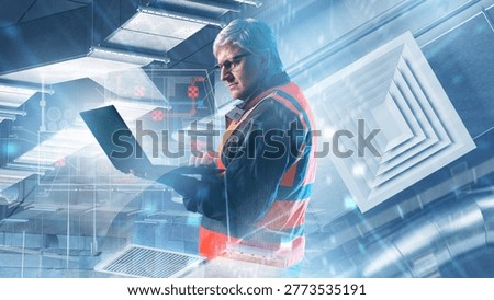 HVAC engineering, ventilation system inspection. Engineer checks air duct layouts and ventilation equipment on a laptop during climate control maintenance.