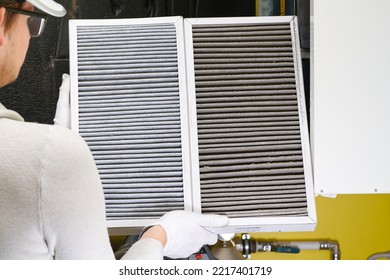hvac filter replacing. Replacing the filter in the central ventilation system, furnace. Replacing Dirty Air filter for home central air conditioning system. Change filter in rotary heat exchanger