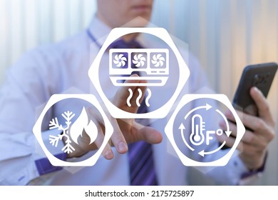 HVAC Heating Ventilation Air Conditioning Cooling Concept. Young businessman working on virtual touchscreen of future and presses icon: split system or air conditioner.