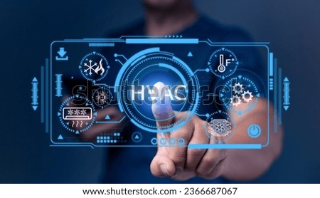 HVAC - Heating Ventilation Air Conditioning Concept. Businessman touching on virtual screen and presses HVAC button. Use of various technologies to control the temperature, humidity, and purity air