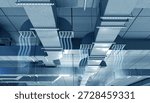 HVAC systems, building ventilation. Ceiling air ducts distribute airflow through grilles, supporting climate control, air circulation, and mechanical engineering of commercial interiors.