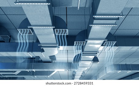HVAC systems, building ventilation. Ceiling air ducts distribute airflow through grilles, supporting climate control, air circulation, and mechanical engineering of commercial interiors.
