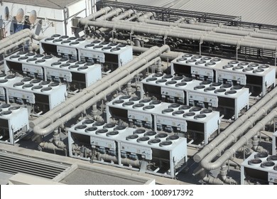 HVAC Systems Rooftop - Industrial Air Conditioning In An Large Exhibition Hall.