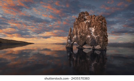 Hvitserkur basalt rock formation aka Dragon Rock in northwest Iceland Iceland rises from the Atlantic Ocean. - Powered by Shutterstock