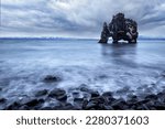 Hvitserkur, Troll Rock on a black lava beach. A natural basalt rock formation shaped like an elephant or mammoth , Northwestern Region, Iceland. Long exposure.