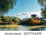 Hwaseong fortress Banghwasuryujeong and pond at autumn in Suwon, Korea