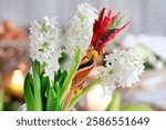 Hyacinth flowers and small Easter palm. Postcard motif. 