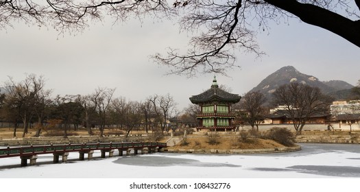 Hyangwon jeong - Ancient pavilion pagoda constructed in lotus ice pond,in Gyeongbokgung Palace, Seoul, South Korea. - Powered by Shutterstock