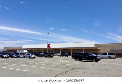 Hyannis, MA / USA - June 21st 2017 : K-mart Parking Lot American Shopping Experience With Pickup Trucks 