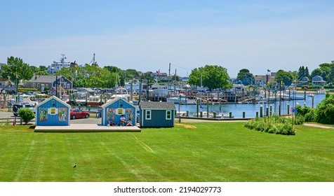 Hyannis Massachusetts Inner Harbor,USA. Photo taken from Michael K. Aselton Memorial Park.With two cute blue sheds. RELEASE ATTACHED. Public property. - Shutterstock ID 2194029773