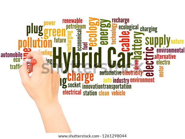 Hybrid car word cloud hand writing\
 concept on white\
background.  