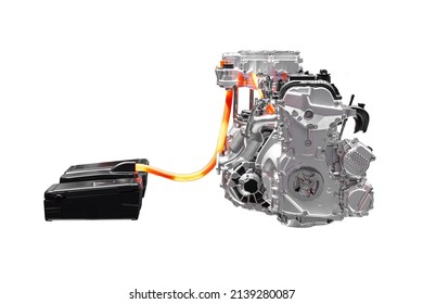 Hybrid EV car engine, Electric motor assist Internal Combustion Engine system isolated on white background.