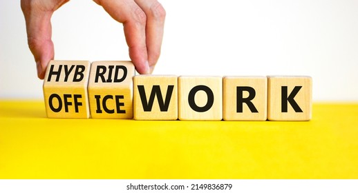 Hybrid Or Office Work Symbol. Businessman Turns Cubes And Changes Words 'office Work' To 'hybrid Work'. Beautiful White Background. Business, Hybrid Or Office Working Concept, Copy Space.