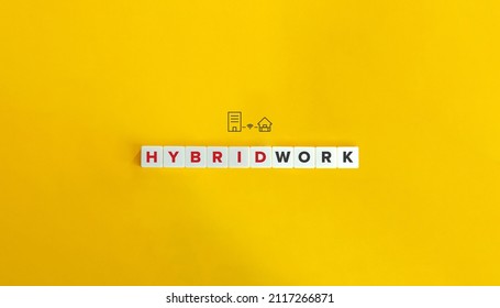 Hybrid Work Banner, Icon And Concept. Block Letters On Bright Orange Background.