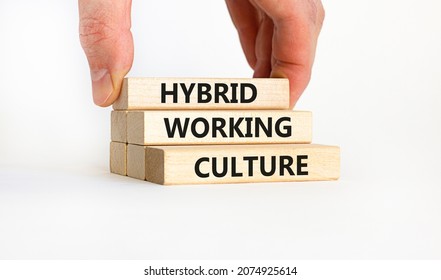 Hybrid working culture symbol. Concept words 'hybrid working culture'. Businessman hand. Beautiful white background. Business and hybrid working culture concept, copy space.