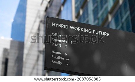Hybrid Working Future choices on a black city-center sign in front of a modern office building	
