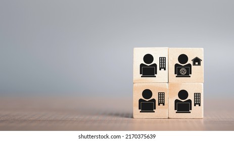 Hybrid Workplace Schedule, Gig Economy, Freelance, Online Business Network Communication, Teamwork, Home Office Concept. Hand Hold Wooden Cube  Icon Of Gig Economy, Copy Space For Background Or Text.