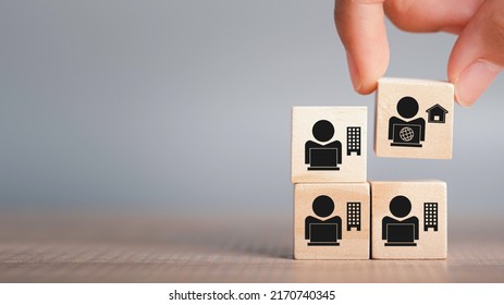 Hybrid Workplace Schedule, Gig Economy, Freelance, Online Business Network Communication, Teamwork, Home Office Concept. Hand Hold Wooden Cube  Icon Of Gig Economy, Copy Space For Background Or Text.