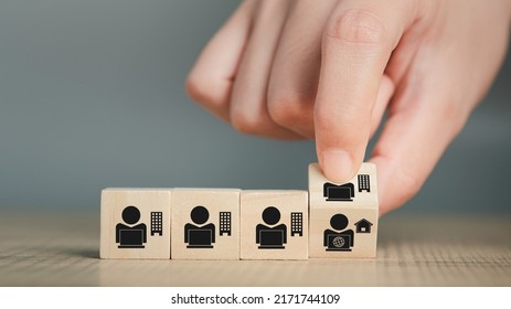 Hybrid Workplace Schedule, Gig Economy, Freelance, Online Business Network Communication, Teamwork, Home Office Concept. Hand Flip Wooden Cube Icon Of Gig Economy, Copy Space For Background Or Text.