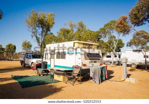 Hyden,AUSTRALIA - NOVEMBER\
8,2016 : Campsite with caravans in a morning light in the Hyden\
,Western\
Australia.