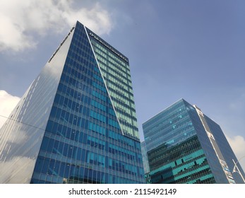 Hyderabad, India - 1 October 2021: JP Morgan Chase and Co and other modern office buildings against the blue sky in Hyderabad India
