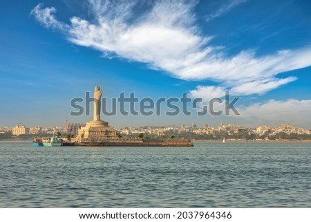 Hyderabad India, city skyline at Buddha statue in the Hussain Sagar