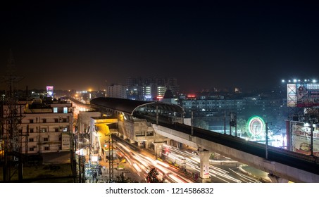 Hyderabad / India - January 11 2016: Night Shot Of A Metro Station In Downtown Hyderabad