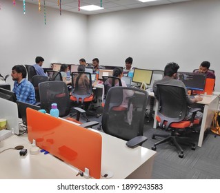 Hyderabad, India - January 21, 2021:Multiracial Young Creative People In Modern Office. Group Of Young Businesspeople Is Working Together With Laptop. Software Company