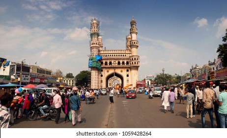 Hyderabad / India - November 19 2017: People Walk Around The Market Near Charminar