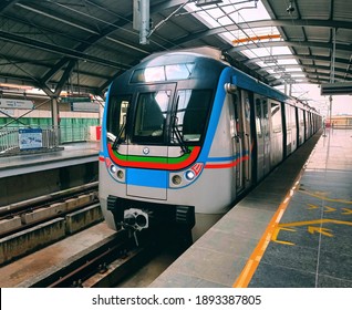 Hyderabad Metro Train Which Is On Platform : 10 October 2020 - Hyderabad, Telangana, India