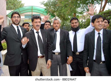 HYDERABAD, PAKISTAN - NOV 03: Lawyers chant slogans during protest demonstration as lawyers across the country observe Thursday (today) as Black Day on November 02, 2011 in Hyderabad, Pakistan.